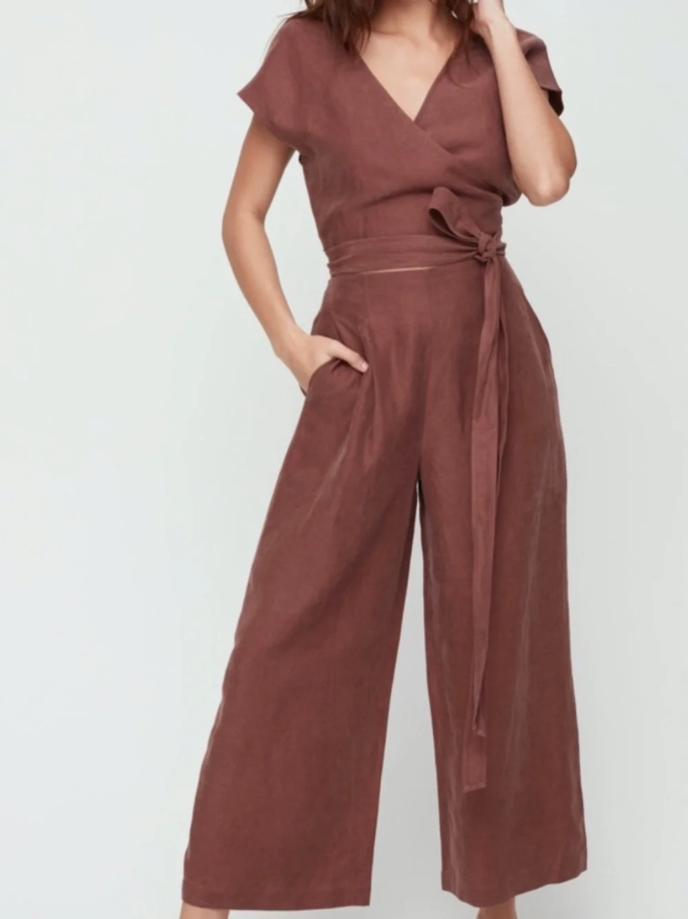 Aritzia Wilfred Brax Jumpsuit Black Size 8 Crop Linen Wrap Vacation Party Cutout